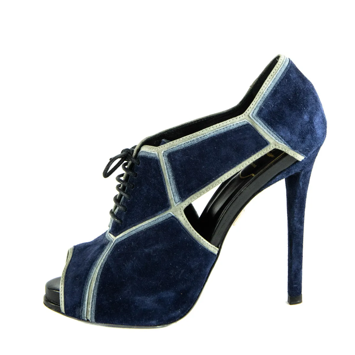 Roger Vivier Blue Suede Lace Up Peep Toe Pumps Size US 8 | EU 38