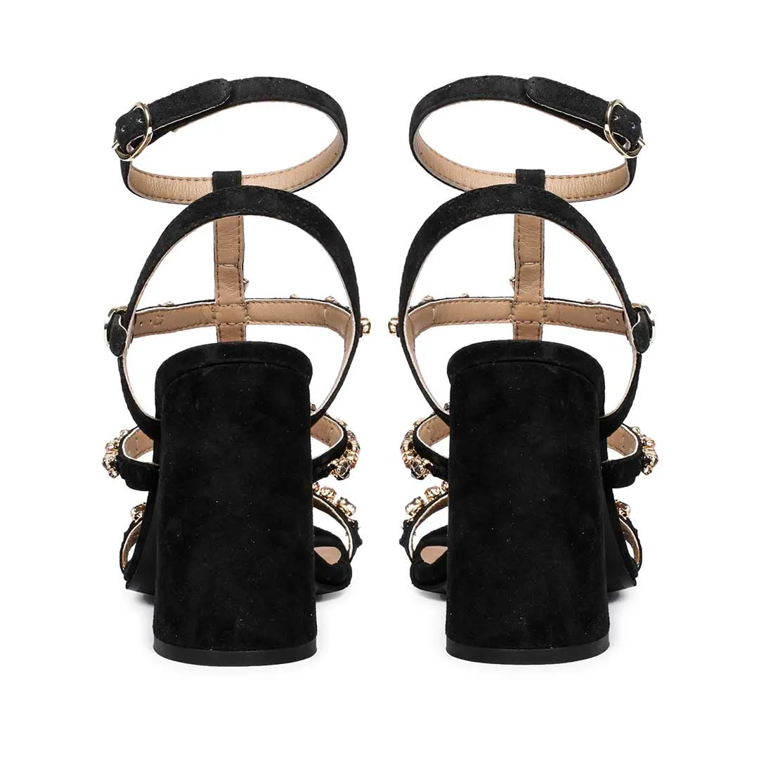 Saint Gretel Multi Stone Embellished Black Leather Cage Block Heels