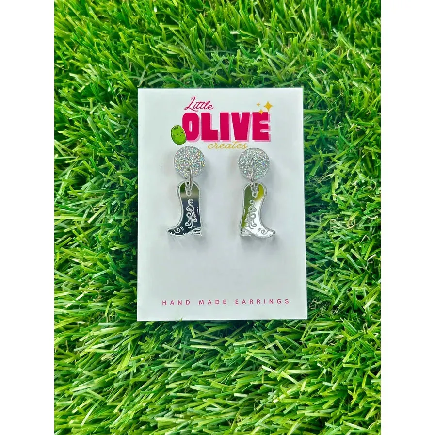 Silver Mirror Cowboy Boots Dangle Earrings Western Glamour