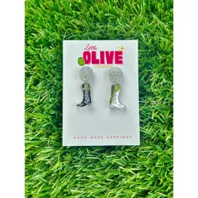 Silver Mirror Cowboy Boots Dangle Earrings Western Glamour