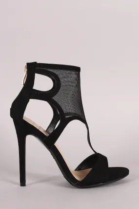 Suede Cutout Mesh Cuff Open Toe Stiletto Heel