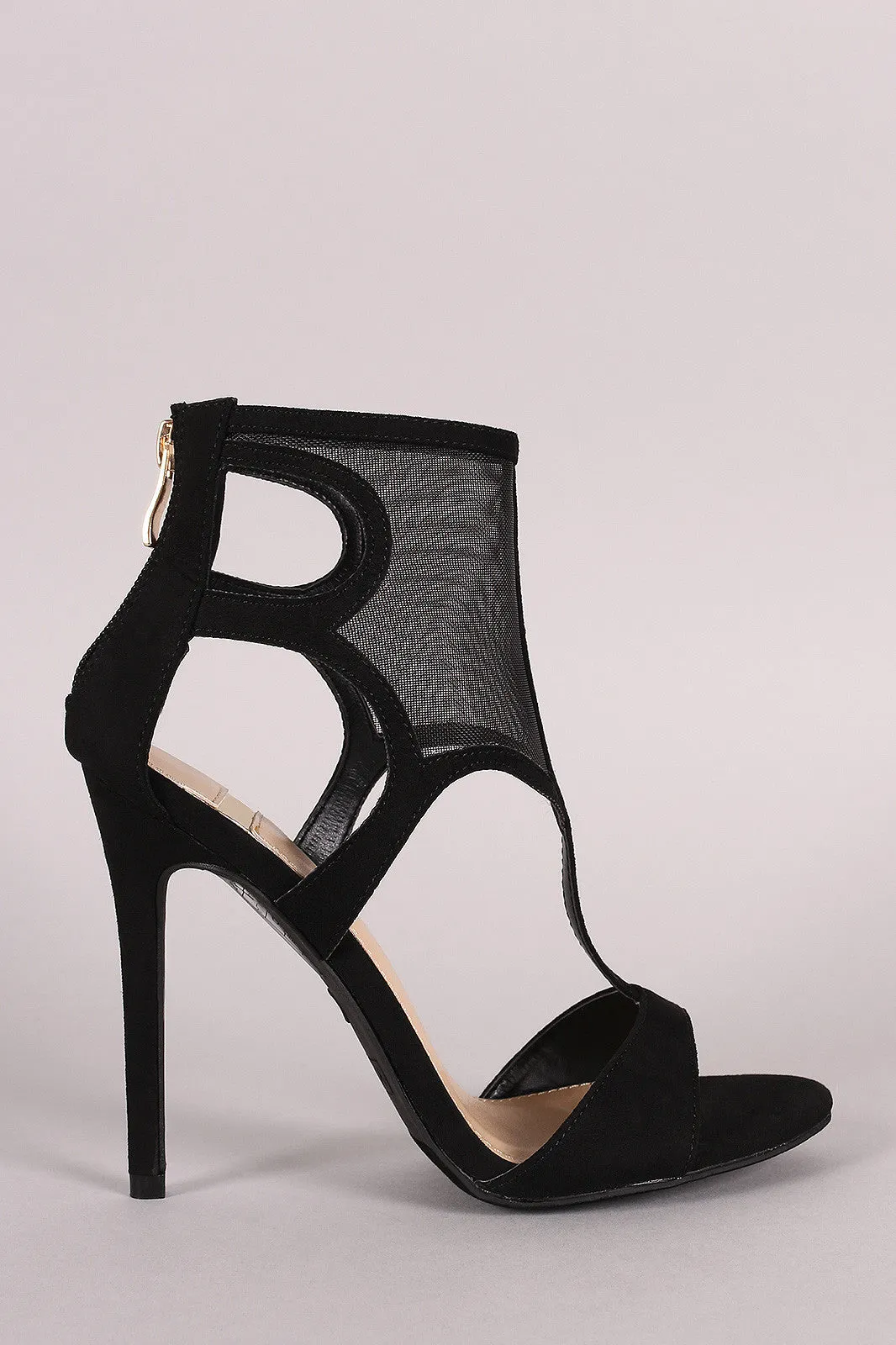 Suede Cutout Mesh Cuff Open Toe Stiletto Heel