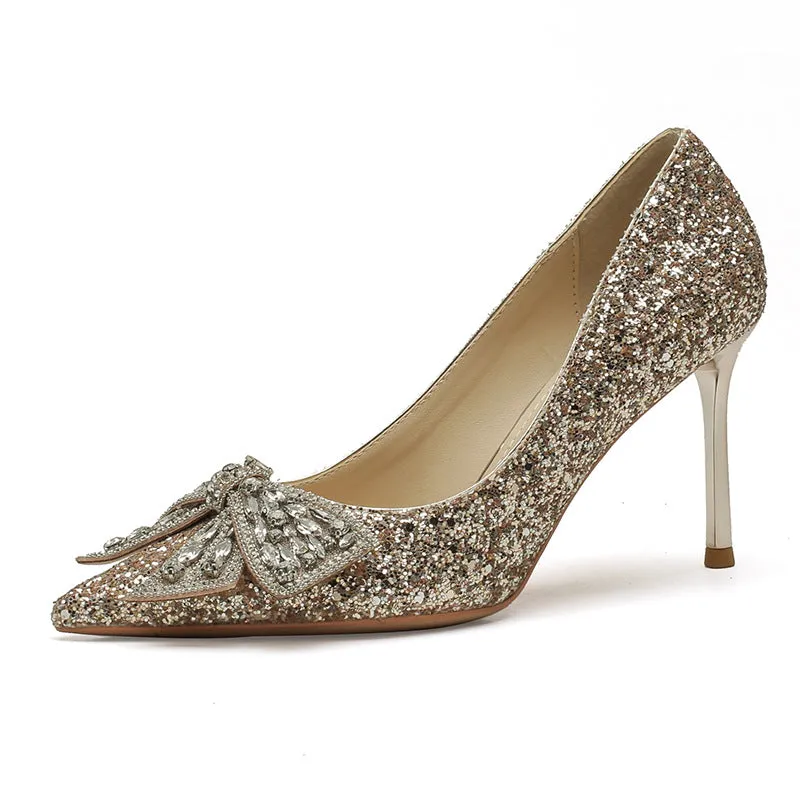 Tillbuy Jaborosa Rhinestone Bow Wedding Pumps