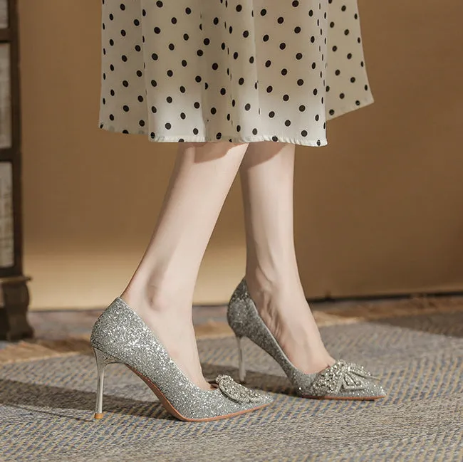Tillbuy Jaborosa Rhinestone Bow Wedding Pumps