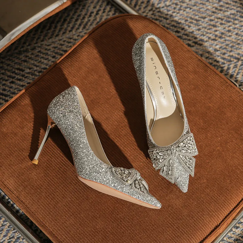 Tillbuy Jaborosa Rhinestone Bow Wedding Pumps