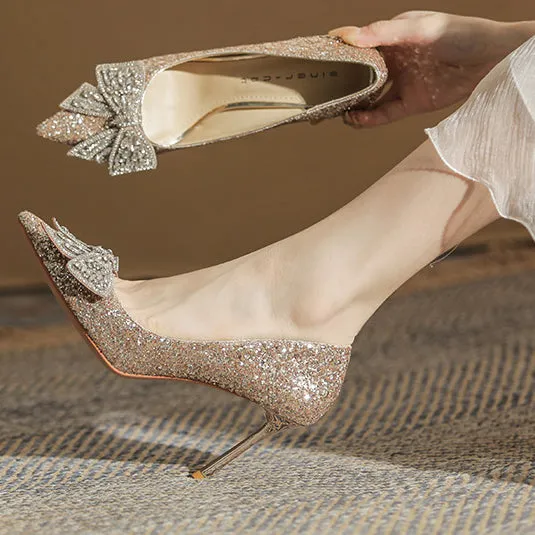 Tillbuy Jaborosa Rhinestone Bow Wedding Pumps