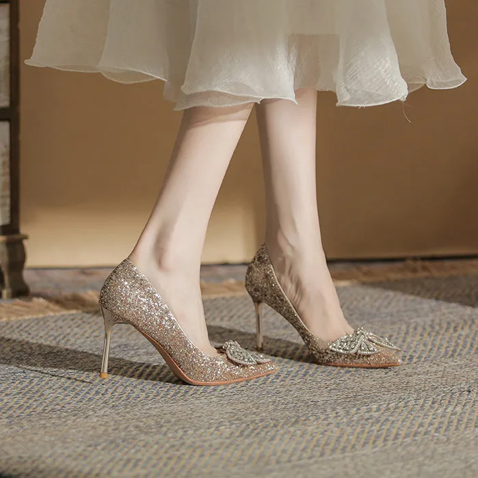 Tillbuy Jaborosa Rhinestone Bow Wedding Pumps