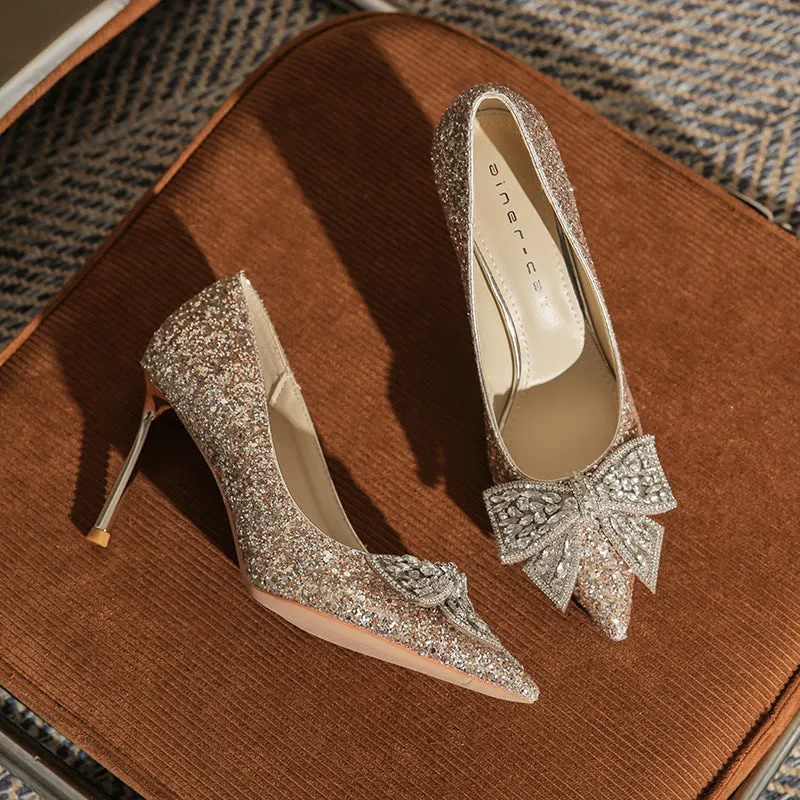 Tillbuy Jaborosa Rhinestone Bow Wedding Pumps