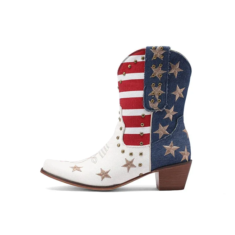 US Flag western cowgirl cowboy stars stripes mid calf boots