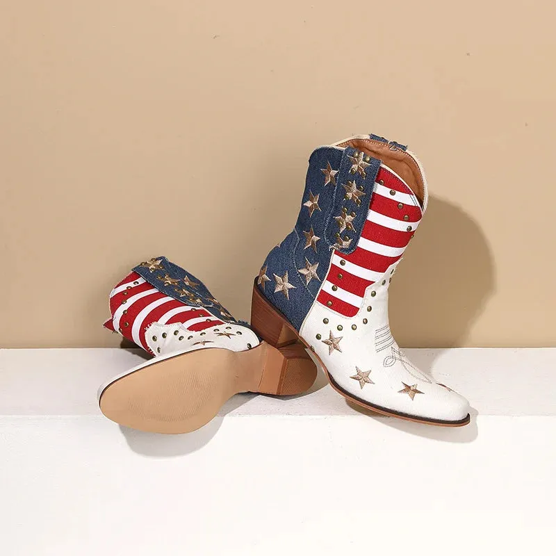 US Flag western cowgirl cowboy stars stripes mid calf boots