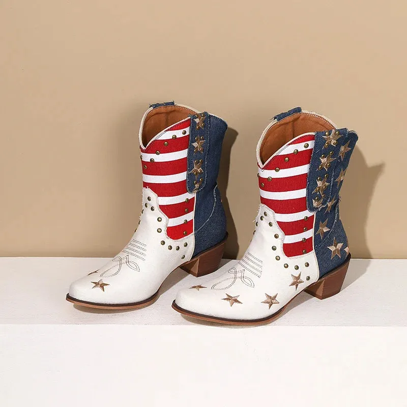 US Flag western cowgirl cowboy stars stripes mid calf boots