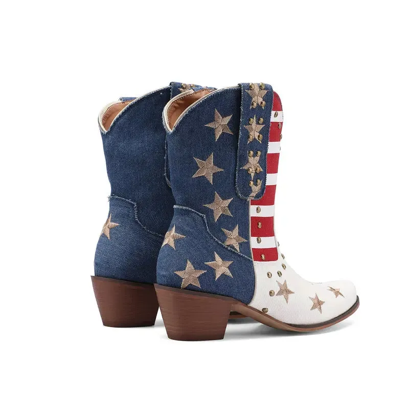 US Flag western cowgirl cowboy stars stripes mid calf boots