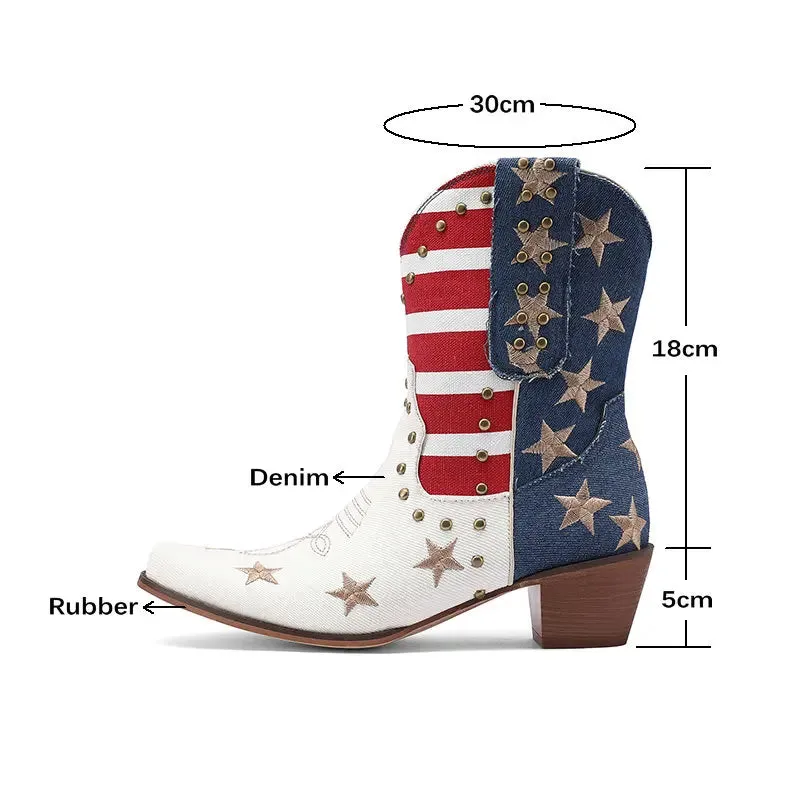 US Flag western cowgirl cowboy stars stripes mid calf boots