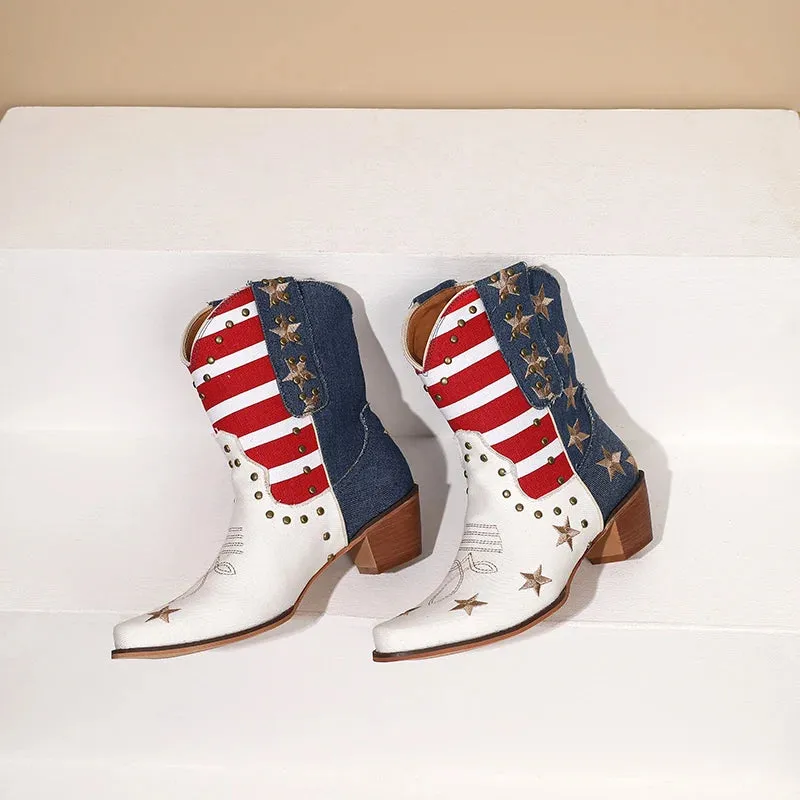 US Flag western cowgirl cowboy stars stripes mid calf boots