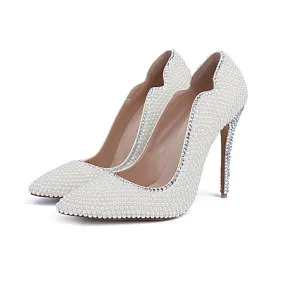 White Leather Sexy Rhinestone Close Toe Pumps