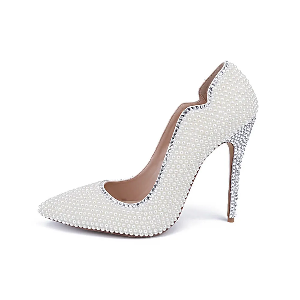 White Leather Sexy Rhinestone Close Toe Pumps