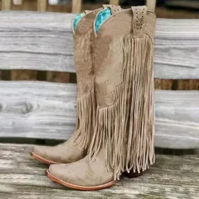 Women's knee high fringe boots pointed toe retro cowboy boots with tassels